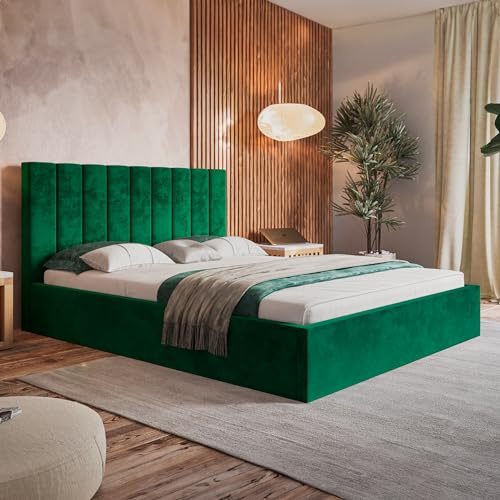 MOTIVENA Wiko Bett 160x200 Grün Samt, mit Stauraum, mit Kopfteil, mit Lattenrost, ohne Füße, ohne Matratze, Polsterbett 160x200 mit Bettkasten Grün (Dunkelgrün)