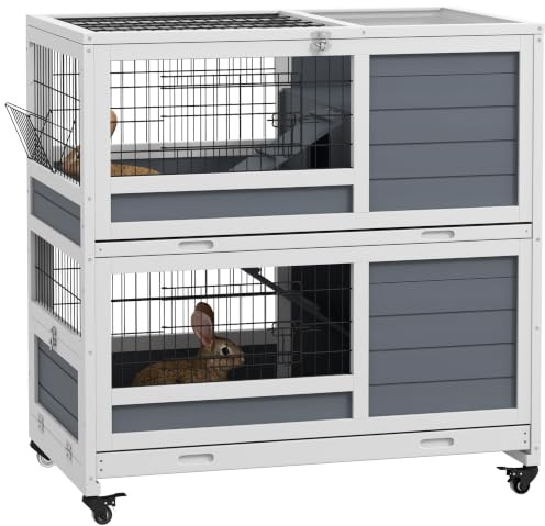 PawHut Rabbit Hutch Guinea Pig Hutch Indoor with Wheels Openable Top Grey | Wooden Small Animal House, No-Leak Plastic Trays