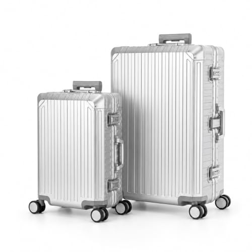 Travelhouse aluminium resväska bagageväska hårt skal resväska vagn rullväska handbagage teleskophandtag, TSA, 4 hjul, silver, S+XL, Resväska set