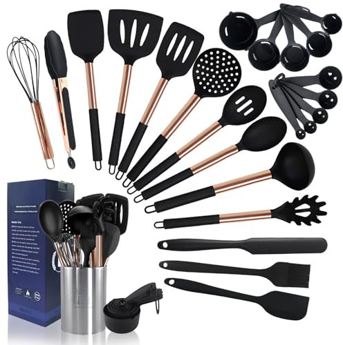 Black Silicone Cooking Utensils Set, 25pcs Kitchen Utensils Set with Holder, Heat Resistant Silicone Utensils for Cooking with Rose Gold Stainless Steel Handle Turners Skimmer Ladle Measuring Cups