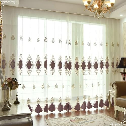 Bishilin Vorhänge Lichtdurchlässig 107x244CM, Gardinen Weiß Ösen 2er Set Nordisch Stickerei mit Lila Blumen Motiv Polyester Gardinen Halbtransparent für Kinderzimmer Wohnzimmer Küche