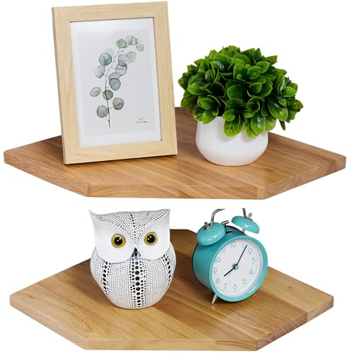 Gieanoo Hörnhylla, set med 2 massivt ekträ, vitt flytande hörnhylla, väggmontering, organiserare med trådhål, liten växtdisplay för kök, vardagsrum, sovrum (naturlig, 30 cm (set med 2)