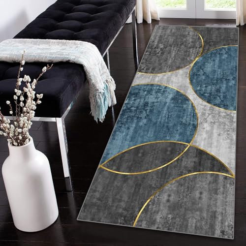 Siunwdiy Teppich Läufer Flur Küche rutschfest Waschbar Modern Grau Blau Gold Geometrisch Muster Teppichläufer Korridor Teppich Küchenläufer Lang 80x160cm Flurteppich Küchenteppich Meterware Anpassbar