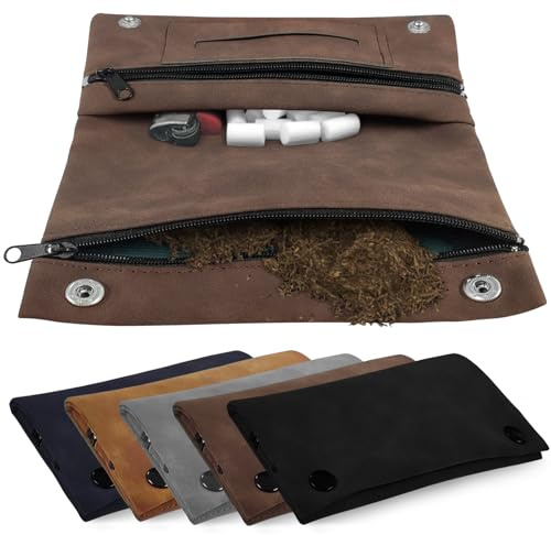 BOUFEIDA Tobacco Pouch Leather Turning Bag, Brown Tobacco Rotating Pouch with Snap Closure