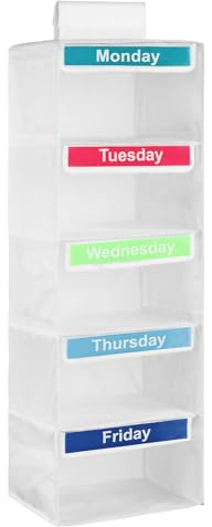 BAODBF Over the Door Organiser Weekly Clothes Organizer for Kids Hanging Storage Organizer With Side Pockets Hanging Wardrobe Storage for Clothes Sweaters Shoes Accessories (White, five layers)