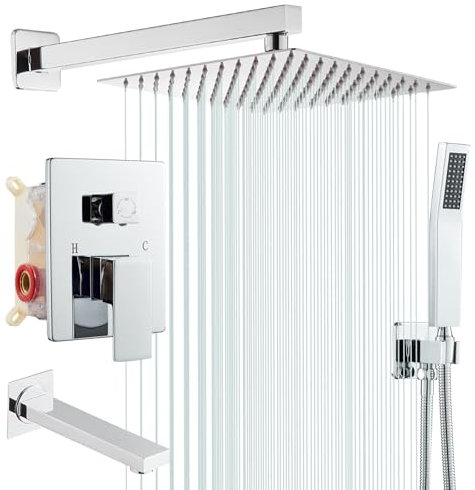 ROVOGO Chrome Wall Mounted Shower System with Concealed 3-Way Diverter, 25 x 25 cm Overhead Rain Shower Head, Hand Shower and Bathtub Spout, All Metal Shower Mixer Tap Set, Brass & Stainless Steel 304