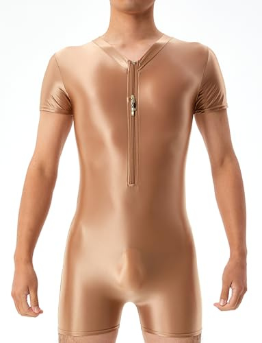 AIEOE Oljeglänsande bodysuit för män, högstretchig bodysuit, oljeglänsande brottningssinglet, dragkedja fram, leotard, boxershorts, basplagg, heldräkt i ett stycke för myskläder, Brun, XL