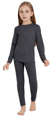 woolcano Ropa interior térmica infantil unisex, 100 % lana merino, juego para niños y niñas, ropa interior de esquí de invierno, cálida y cómoda, 260 g/m², gris brezo, 7-8