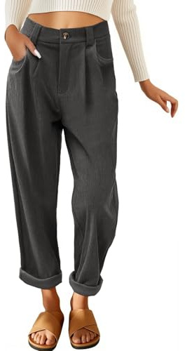 PASUDA Hose Damen Cordhose Weites Bein Freizeithose Elastisch Hohe Taille Geradem Hosen Damen Elegant Lockere Bequeme Stoffhose Retrostil Loose Herbst Winter Hose(Dunkelgrau,L)