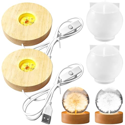 GOEDCH Gör-det-själv kula silikonform med LED-träbas, 2 stycken epoxihartsformer, runda silikonformar för LED-lampa, kreativa gjutformsprojekt
