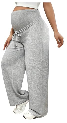 MakeMeChic Women's Maternity Pants Over Belly Wide Leg Casual Comfy Pregnancy Pants Wtih Drawstring Pocket Grey XX-Large