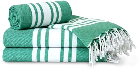 Occosa Turkish Cotton Beach Towel Pack of 4 & 1 Boho Tote Bag - Hammam Towels - No Shrink - Quick Dry - Lightweight - Sand Free - Camping - Pool - Tanning - Beach Essentials - Green (40x70)