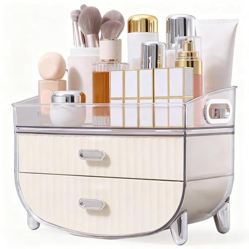 BTGGG Makeup Organiser with Handle, 2-Layer Drawer Perfume Storage Rack, Stylish Skincare Cosmetics Organizer Large Capacity for Bedroom Bathroom and Countertop Girls Gift (A-White)