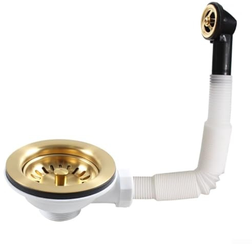Brushed Titanium Gold Kitchen Sink Drain Kit with Stainless Steel Basket Strainer and Side Round Overflow, Waste Assembly Fits Most Standard Sinks