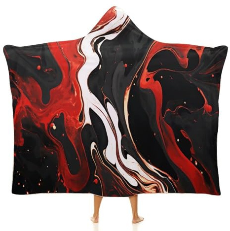 FekiLoot Hooded Blanket Black And Red Marble Cozy Poncho Cape Blanket Wearable Blankets Soft Hoodie Throw Cloak Wrap 60x80