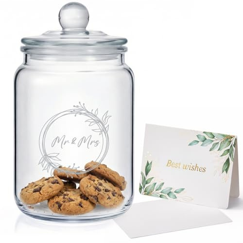 Yaryang Keksdose aus Glas mit Gravur Mr & Mrs Hochzeitsgeschenk für Brautpaar 1 L Keksglas mit Deckel Bonbonglas Vorratsglas mit Grußkarte Geschenk für Paare zur Hochzeit Jahrestag