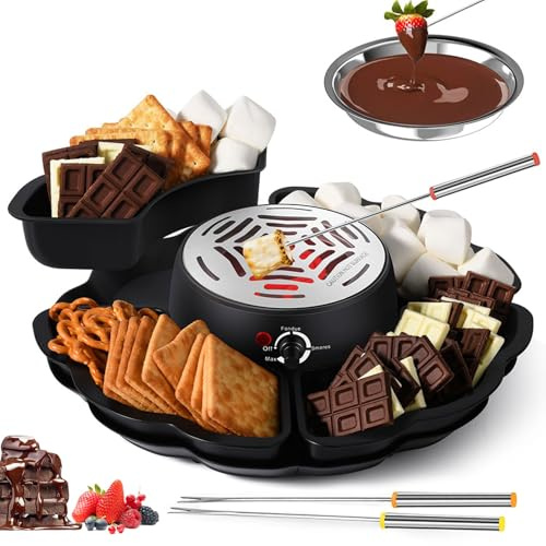 Macchina elettrica per fonduta con kit di tostatura, 5 accessori, 4 forchette e vassoi staccabili per fondere cioccolato, caramello e formaggio