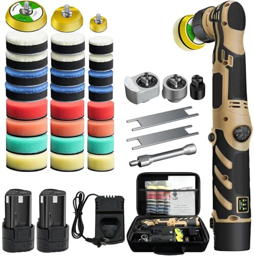 Mini Akku Poliermaschine Auto 12V, Rotations und Exzenter Poliermaschine, 2×2,3Ah Akku, 1/1.5/2 Inch Polierteller, Polierteller mit Zubehör und Aufbewahrungsbox für die Autodetailing (gelb)