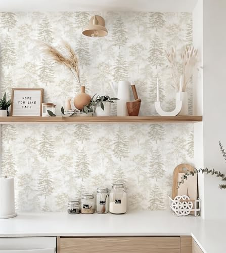 Yomshi Beige Baum Vinylfolie Selbstklebende Tapete Boho Dschungel Tapeten 44 x 300 cm Moderne Wasserfeste Selbstklebende Ablösbare Möbelfolie für Schubladen Schlafzimmer Wohnzimmer