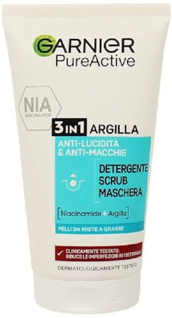 Garnier Pure Pelle 3 in 1 Gel Detergente Scrub Maschera, Pelle Grassa con Imperfezioni, 150 ml