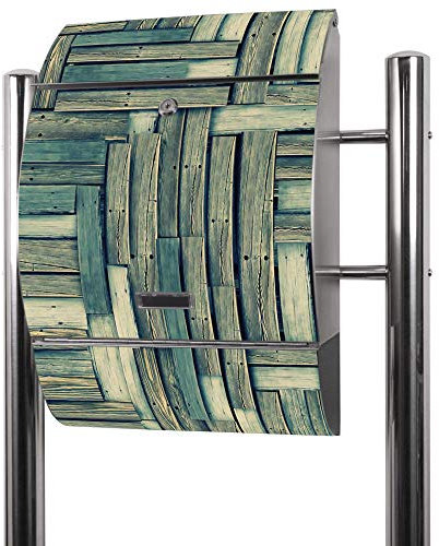 banjado® Standbriefkasten Edelstahl mit Zeitungsfach Motiv Grüne Planken/Briefkasten mit Standfuß/Edelstahl Briefkasten freistehend - A4 Einwurf inkl. 2 Schlüssel