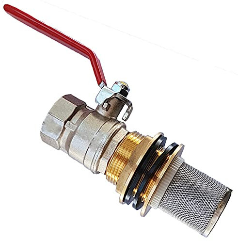 QUALITÄTS Regentonnendurchführung mit Kugelhahn + Filter | ∅ Loch Regentonne 27mm - 43mm | Innengewinde Hahn 1/2 - 1 | Messing | Ausführung auswählen >>> ∅ Loch Regentonne 34mm | Hahn 3/4 IG