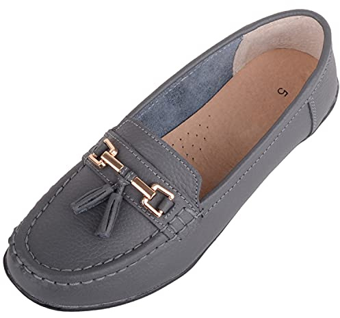 ABSOLUTE FOOTWEAR Womens Slip On Leather Loafer/Deck/Boat Shoes, Grey, UK 5