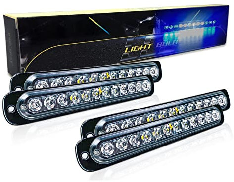 SKYWORLD Luci stroboscopiche a LED, 4pz Ultra sottile 12 LED 12V 24V Lampeggiante Luci stroboscopiche di emergenza Strobo Barra Luminosa per Moto Auto Camion Truck Trailer, Bianco + Blu