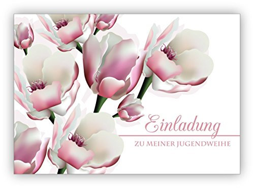 10x Edle leichte Einladungskarte mit üppigen Blüten: Einladung zu meiner Jugendweihe • tolle Grusskarten Set mit Umschlägen in Premium Qualität