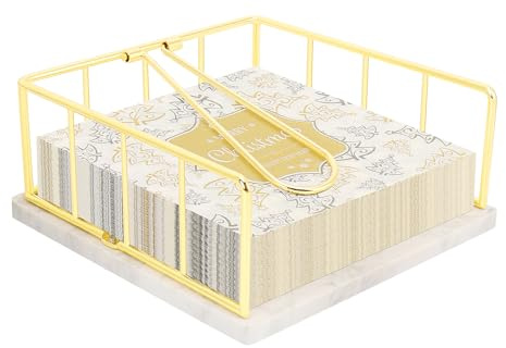 Livabber Flat Napkin Holder, Metal Kitchen Napkin Storage with Weighted Tension Arm Rustic Tissue Paper Dispenser for Countertop, Table Kitchen, Dining Room (With Marble Base, Gold)