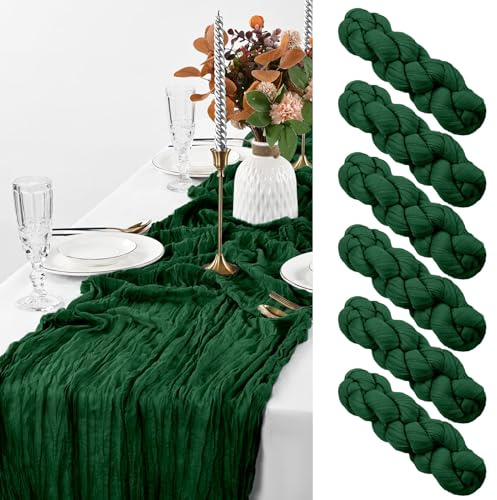 6er-Pack Käsetuch-Tischläufer, dunkelgrüner rustikaler Gaze-Tischläufer, 90x300cm, Boho-Design für Hochzeit, Geburtstag
