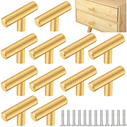 ZACUDA 12 PCS T Bar Handle Stainless Steel Cabinet Pulls 50mm Single Hole Drawer Knob Pulls Kitchen Cabinet Handles Furniture Knobs with Screws for Cupboard Cabinet Wardrobes Bathrooms Doors（Gold）