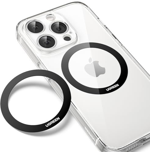 UGREEN 2 Pièces Anneaux Métalliques Compatible avec MagSafe Anneau Autocollant Adhésif 3M Épaisseur 0,65mm Accessoire pour Charge Magnétique Support Téléphone Voiture