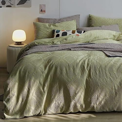 Lanqinglv Bettwäsche 135x200cm Grün Hellgrün Waffeloptik Waffle Handstricken Stickerei Geometrisch Muster Wendebettwäsche Set aus Mikrofaser,Bettbezugg und 1 Kissenbezug 80x80cm mit Reißverschluss