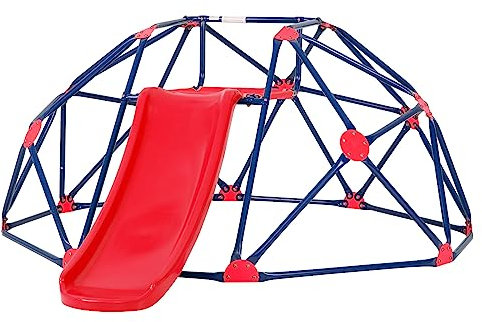 COSTWAY 8FT Dome Climber, Toddler Climbing Frame Monkey Bar Jungle Gym with Fabric Cushion, Indoor Outdoor Play Equipment for Kids 3-12 Years Old (Red+Blue)