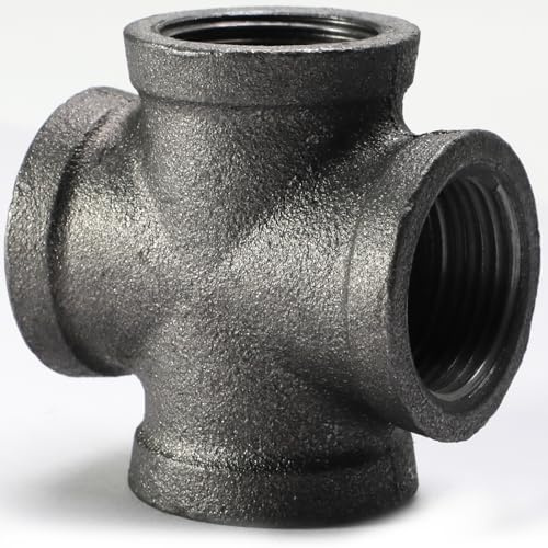 AGUTEA Black 4-Way Cross Fitting Connector, Malleable Iron Fittings with Threaded Holes, Vintage Industrial Decorative Pipe Fitting Stands, Tables, Furniture (1 INCH) (Pack of 1)
