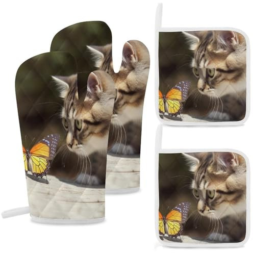Lot de 4 gants de cuisine et maniques résistants à la chaleur pour barbecue Motif chat et papillon