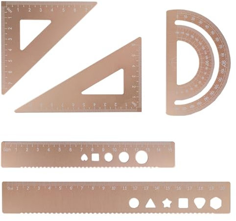 Zotemo 5-teiliges Metallgeometrie-Set, Mathematik-Lineal-Set, Aluminium-Dreieckslineal, Winkelmesser, 20,3 cm und 15,2 cm, Zeichenlineal, Messwerkzeug für Schule und Büro (metrisch und Zoll, Gold)