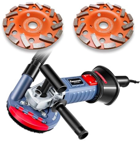 FANZWORK Levigatrice per Cemento 1500W, set con 2 Dischi Diamantati da 125 mm di alta Qualità, Levigatrice per Pavimenti con Cappa Antipolvere Rimovibile, Manico a T e Velocità Regolabile.