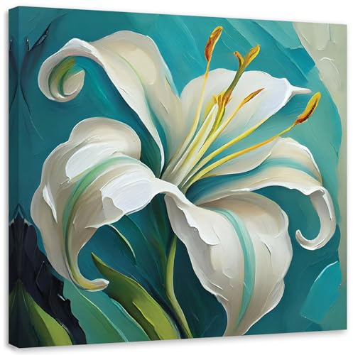 Feeby Leinwandbilder - Deko Bilder - Lilie Türkis wie gemalt - Canvas 50x50 1tlg- Wandbilder Schlafzimmer - Aesthetic Room Decor - Modern Wanddeko - Bild auf Leinwand - Fertig Gespannd