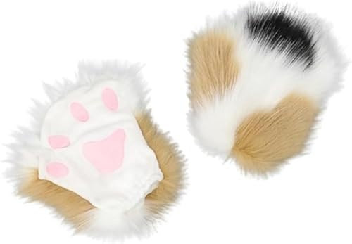 Obenie Halloween katt tass handskar therian tassar therian utrustning lurviga tassar cosplay fluffiga vantar, Vit 2, One Size