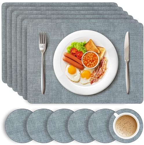 HEFTMAN Blue Placemats and Coasters - Set of 6, 43cm x 30cm | Large PU Leather Coasters and Place Mats for Table, Heat Resistant up to 100℃, Stain Resistant Wipe Clean Placemats