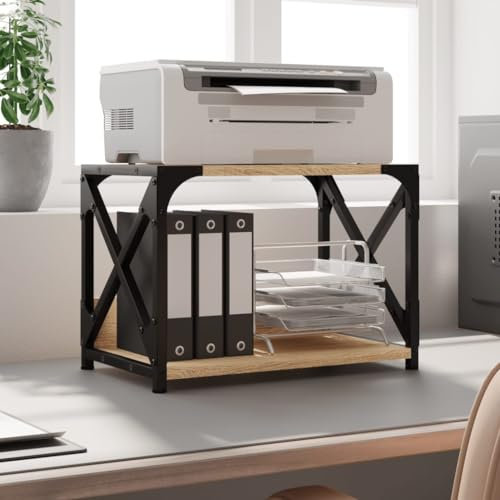 Hovothy Druckerständer 2 Ablagen Fax-Aktenvernichter Druckerwagen Druckerregal Mobiler Druckerständer Regal für Drucker Druckertisch Holz Büromöbel Sonoma-Eiche 44x26x31,5 cm Holzwerkstoff, Metall