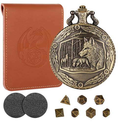 Mini DND Würfel Set mit Steampunk Wolf Taschenuhrgehäuse, 7-teiliges Polyedrisches Metall D&D Würfel Set, DND Geschenke mit Lederbeutel für Spieler, RPG, MTG, Rollenspiel Brettspiel Zubehör, Bronze