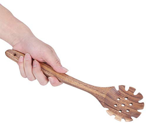 HAOHIZE Cuillère à pâtes en bois Fourchette à spaghetti, 12,6 pouces de long Ustensiles de service de pâtes à la main Cuillère à spaghetti en teck Fourchettes à pâtes Louche à