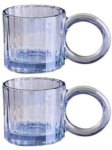 Jarsense 2PCS Glasses Vintage Glasses with Handle 250ml Vertical Stripe Coffee Mug for Cappuccino Milk Latte Tea (Blue)