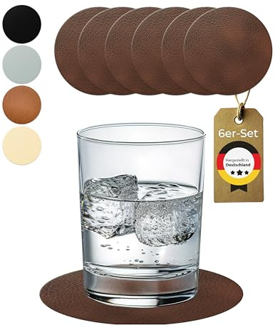 Lederfabrik Garnier® Untersetzer Gläser rund 6er-Set - rutschfest & Abwaschbar - Perfekter Tischschutz - Glasuntersetzer Leder Braun - Made in DE