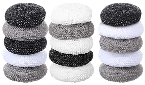 15Pcs Non Scratch Scourers Plastic Scouring Pads Round Nylon Mesh Dish Scrubber Pan Scourers Reusable Cleaning Scourer Washing Up Pad for Dishes Pan Kitchen Stain Removal Cleaning (Black, White, Gray)
