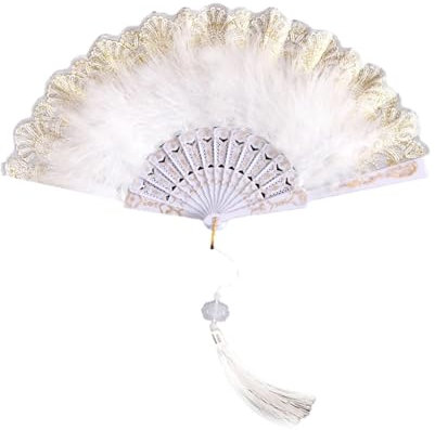 QPDVWBWN Folding Feather Fan Feather Fan With Pendant Feather Folding Fan Sweet Fairy Girl Dance Hand(WHITE)