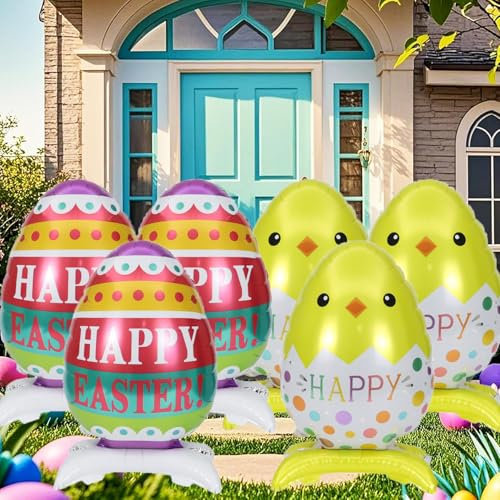 6Pcs 25 Inch Easter Egg Chick Inflatable Foil Balloons Indoor Outdoor Party Decor Balloons for Easter Party Blow Up Yard Garden Lawn Decoration